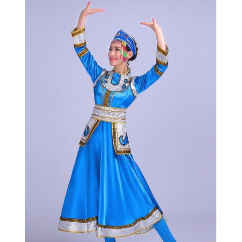 Sky blue red folk dance cosplay stage performance Dance clothes Costume Mongolian gowns dress
